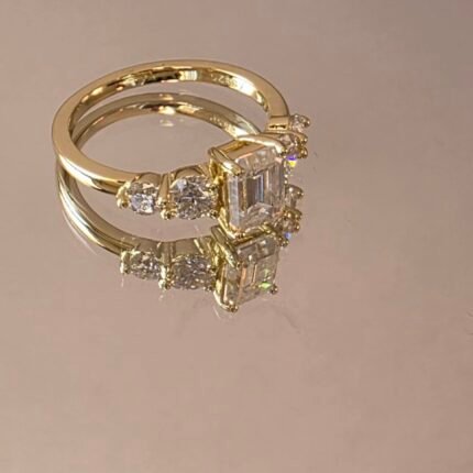 Moissanite Five-Stone Ring – Emerald Center, 14K Light Gold Plated 925 Sterling Silver